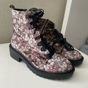 Floral velvet combat boots
